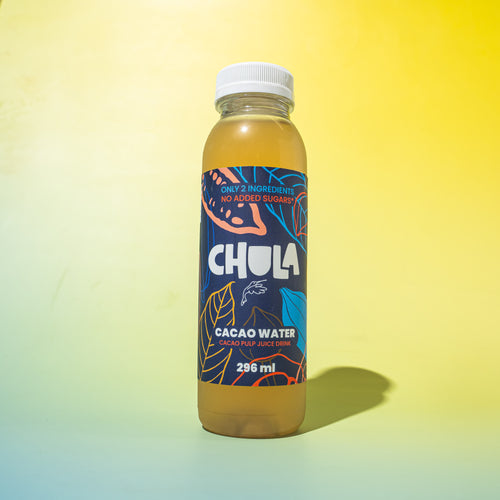 A bottle of CHULA Cacao Water, 296 ml, standing upright on a yellow-to-light-blue gradient background with a soft shadow. The bottle contains a golden-brown liquid and features a dark blue label with orange, white, and yellow tropical illustrations.
