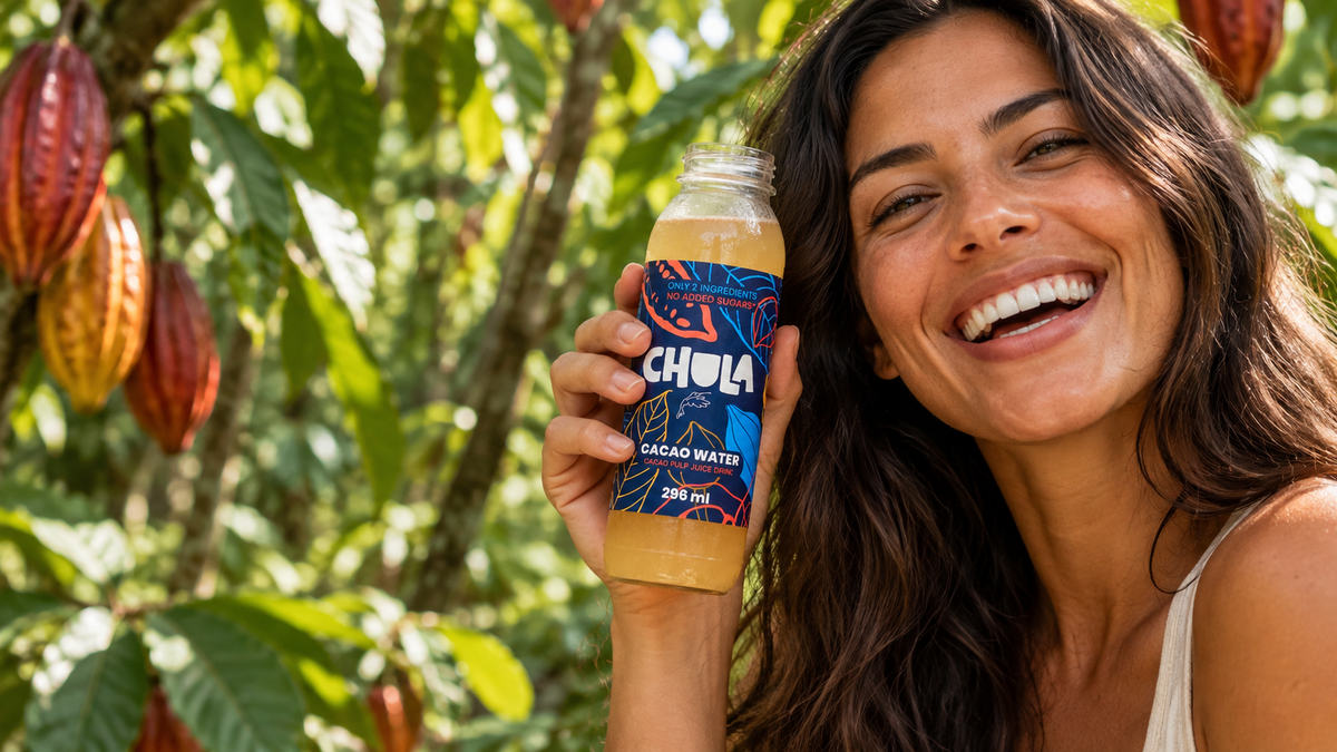 A smiling woman outdoors in a cocoa plantation holds up a bottle of CHULA Cacao Water. The bottle contains a yellowish-amber liquid and has a blue label with cacao graphics.